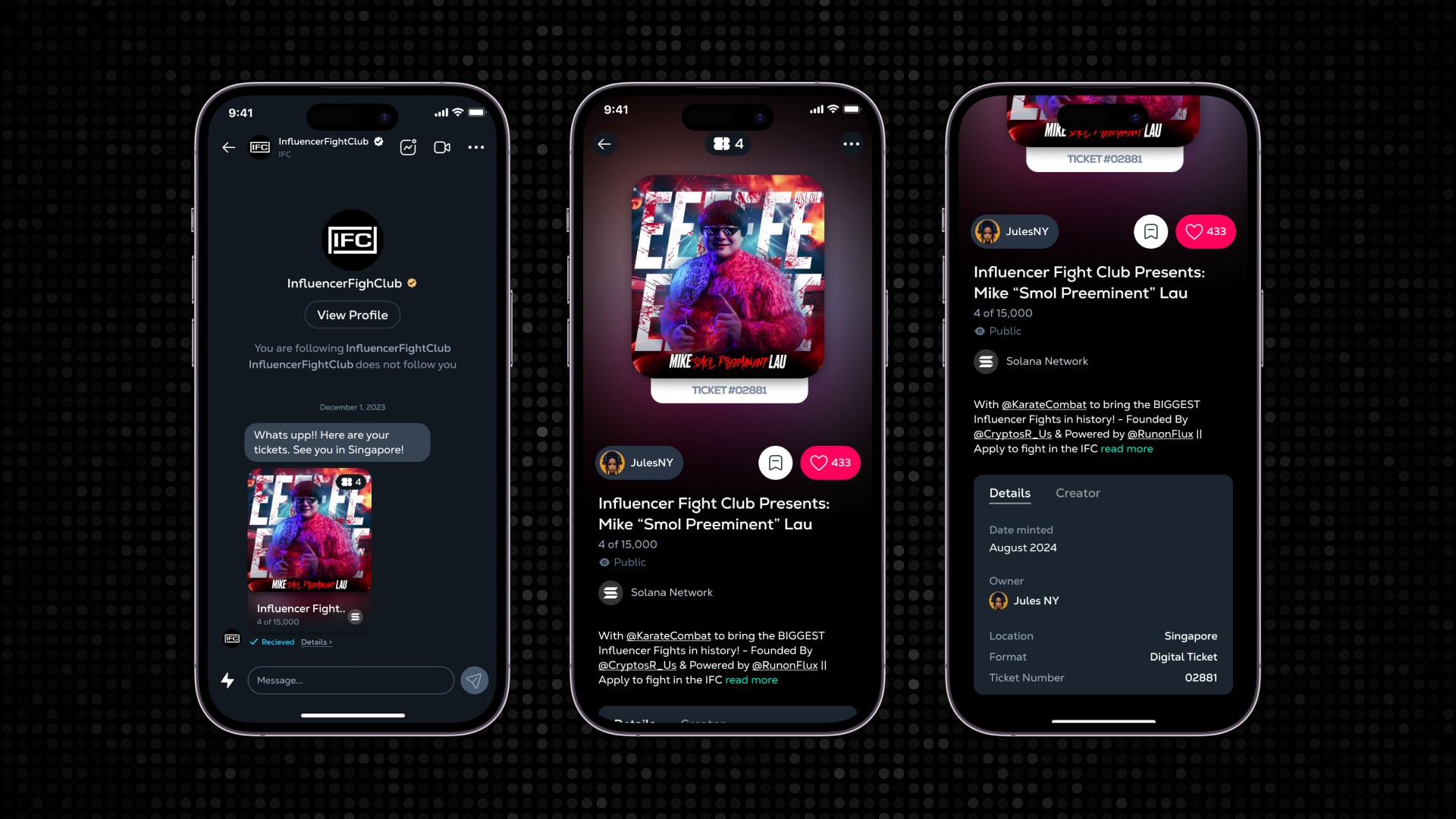 NFT ticket purchase screen from the Closed Loop NFT Ticketing UX Prototype, displaying ticket quantity selection, USDC pricing on Solana, and secure checkout with Calaxy buyer protection.