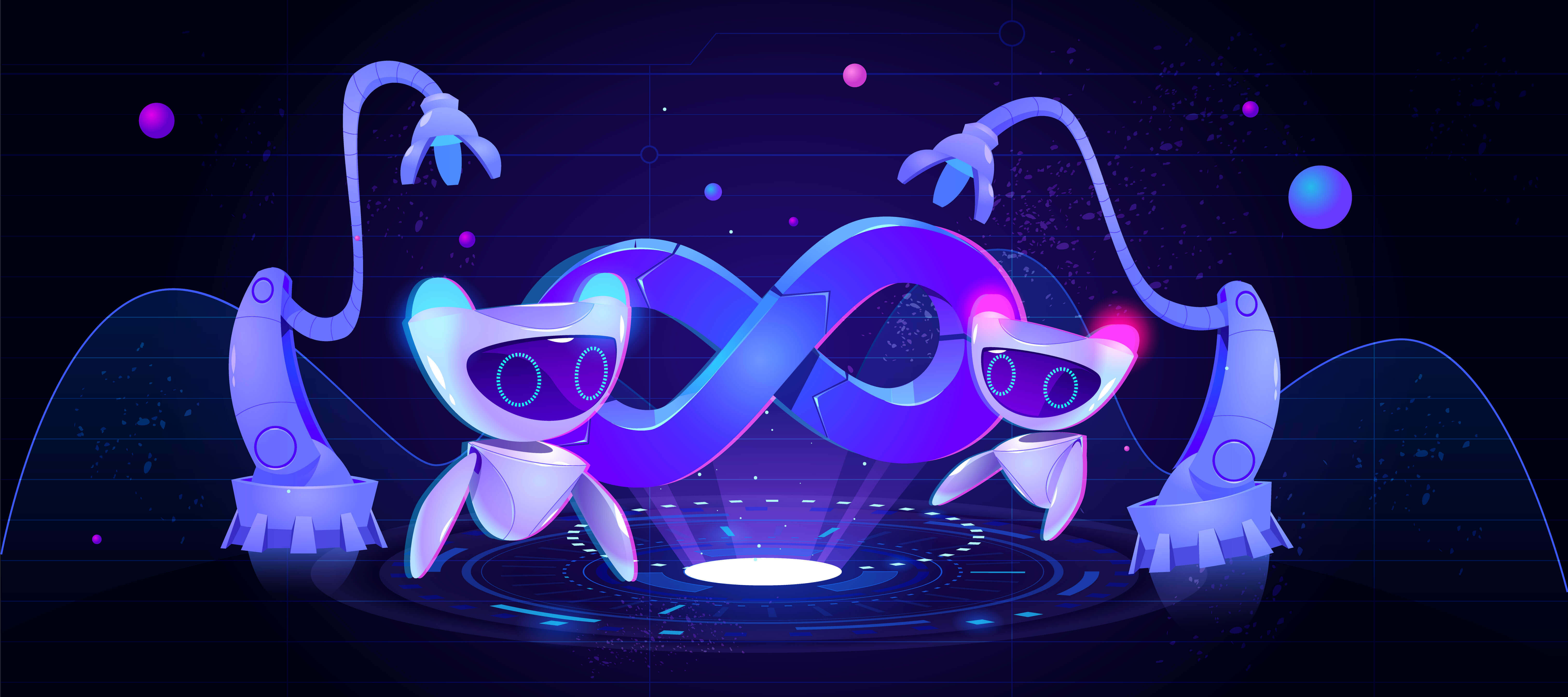 Futuristic DevOps illustration featuring two small robots and mechanical arms assembling a glowing purple infinity symbol on a dark neon background.