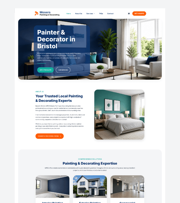 Homepage screenshot of the Mosers Painting & Decorating website designed and developed by AFWD showcasing professional painting and decorating services in Bristol.