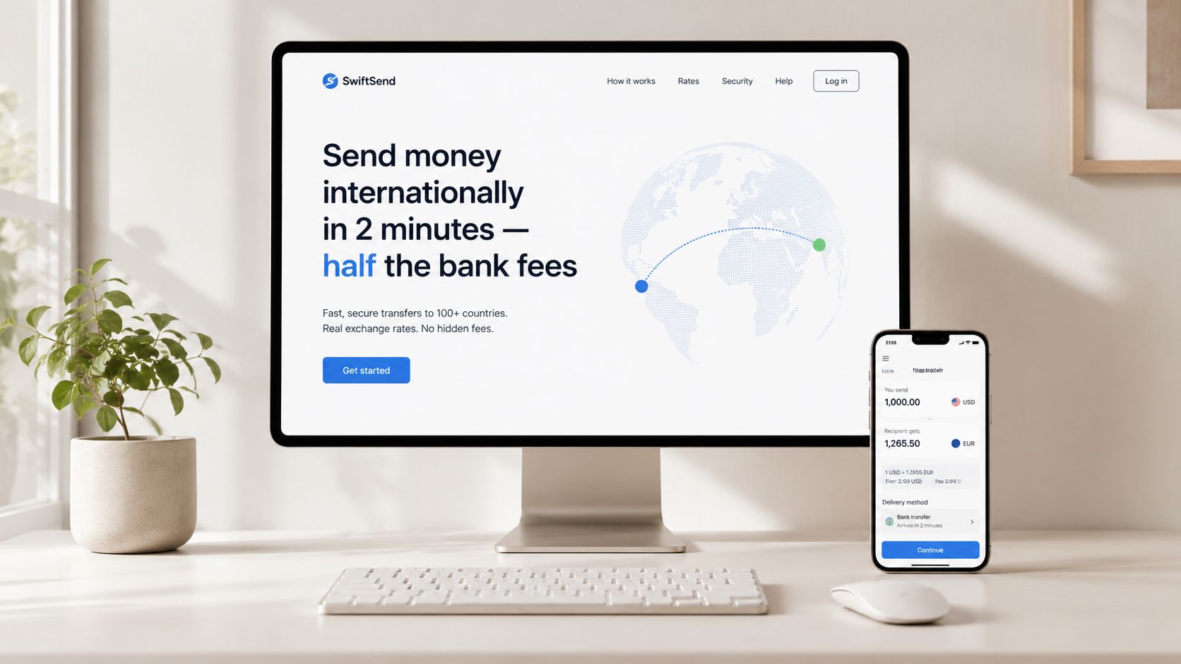 A computer monitor and smartphone displaying a money transfer website for international financial transactions on a desk.