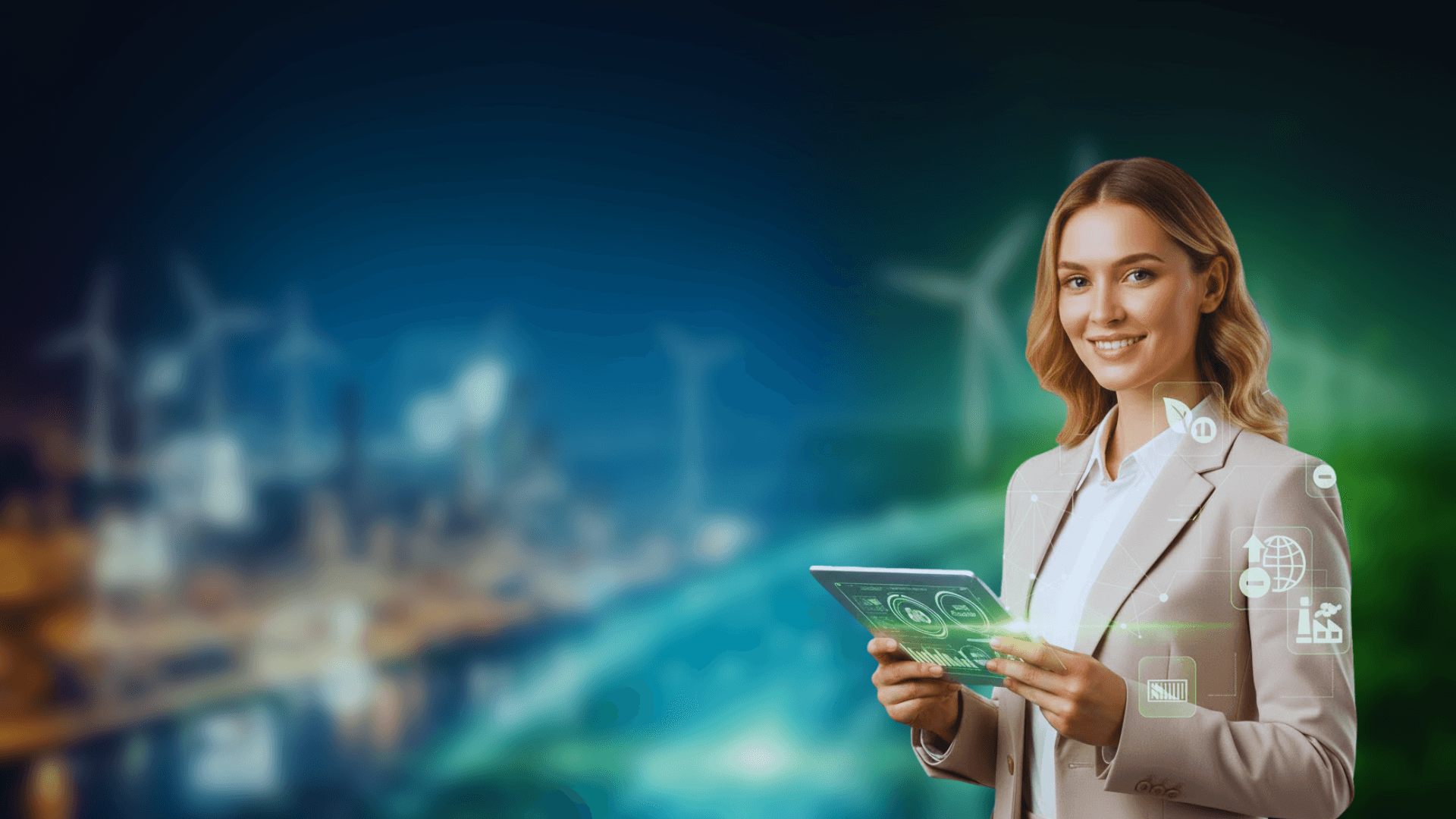 Modern bir şehir ve rüzgar türbini manzarasına karşı, elindeki tablette sürdürülebilirlik verilerini inceleyen gülümseyen bir iş kadını. Tabletin üzerinde karbon emisyonu, Kapsam 3, enerji ve geri dönüşümü temsil eden dijital ikonlar parlıyor.