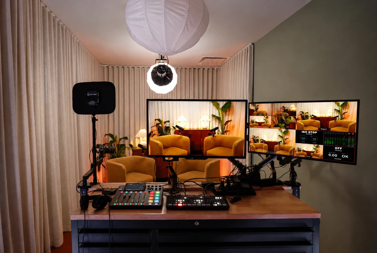 The COVE set seen behind a control desk and multi-camera monitors during a recording setup