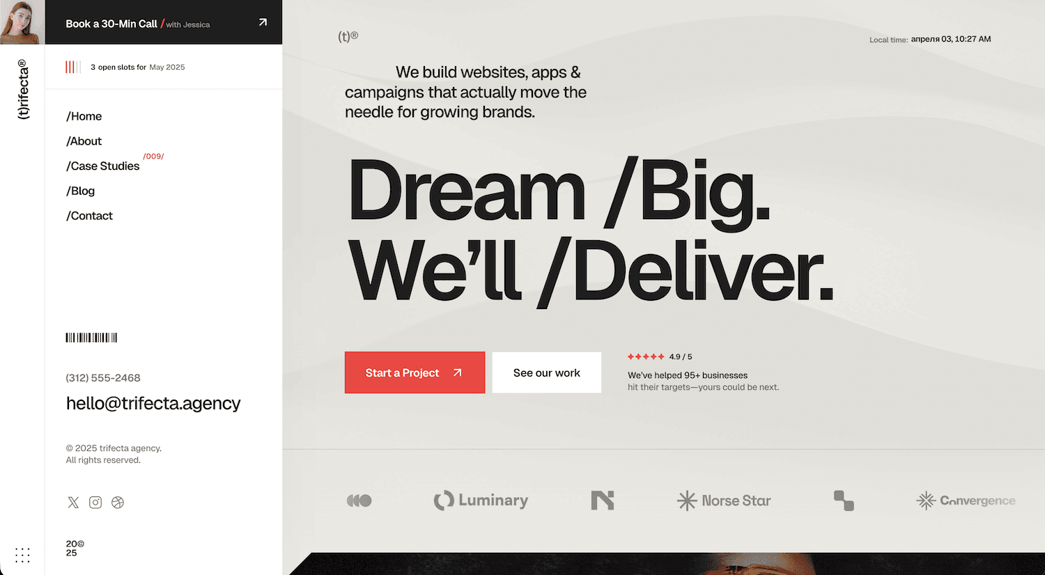 Trifecta Framer portfolio template hero section with sidebar layout and project-focused design