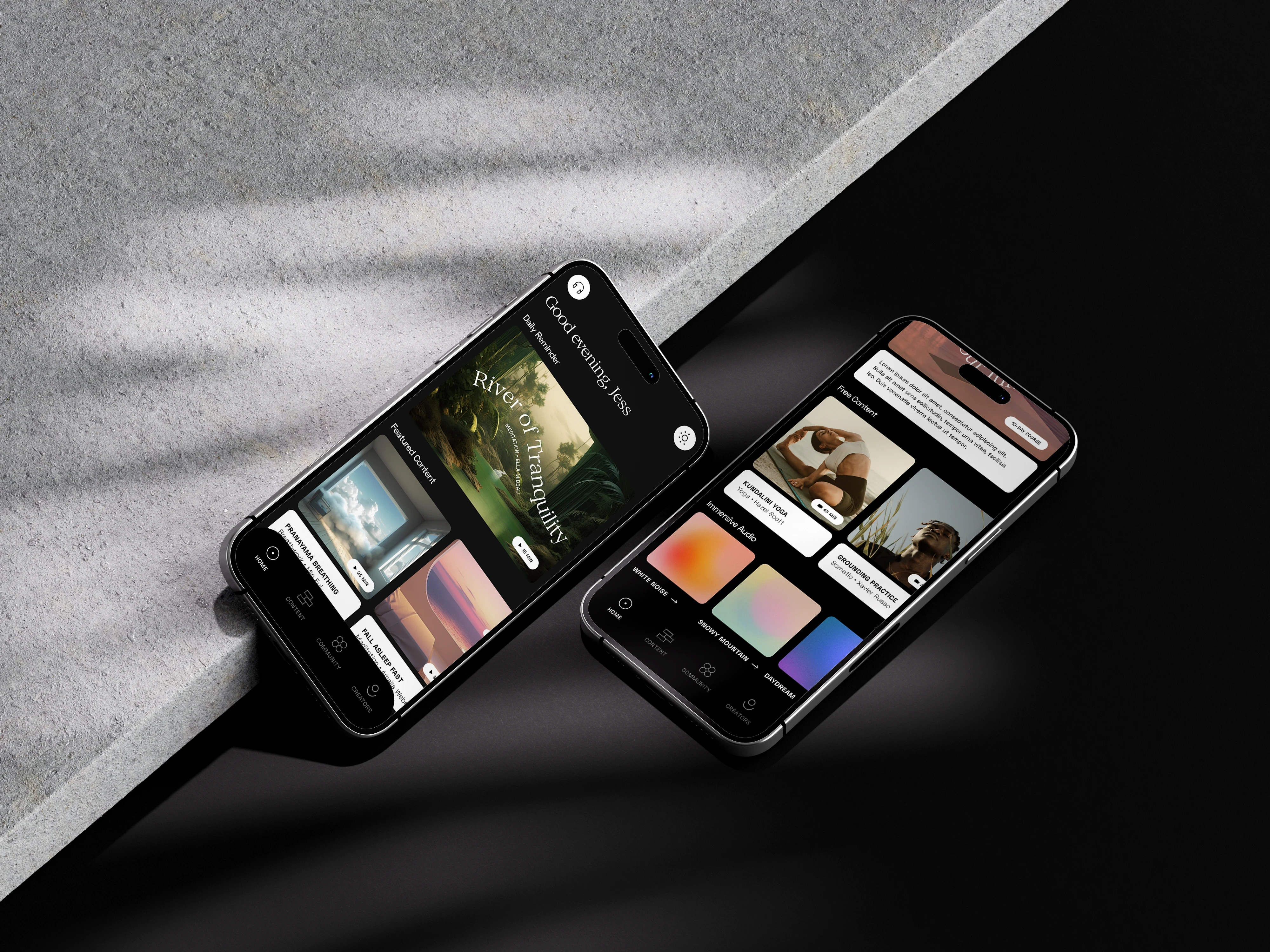 Minimal gray mockup of two iPhones displaying ‘Your Inner World’ app UI, featuring rock textures — designed by Lunatique Studio