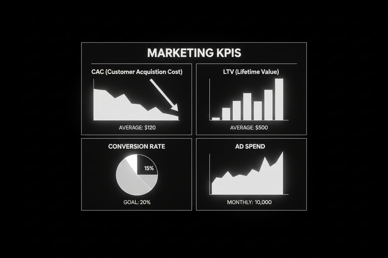 Marketing KPI dashboard showing CAC and conversions