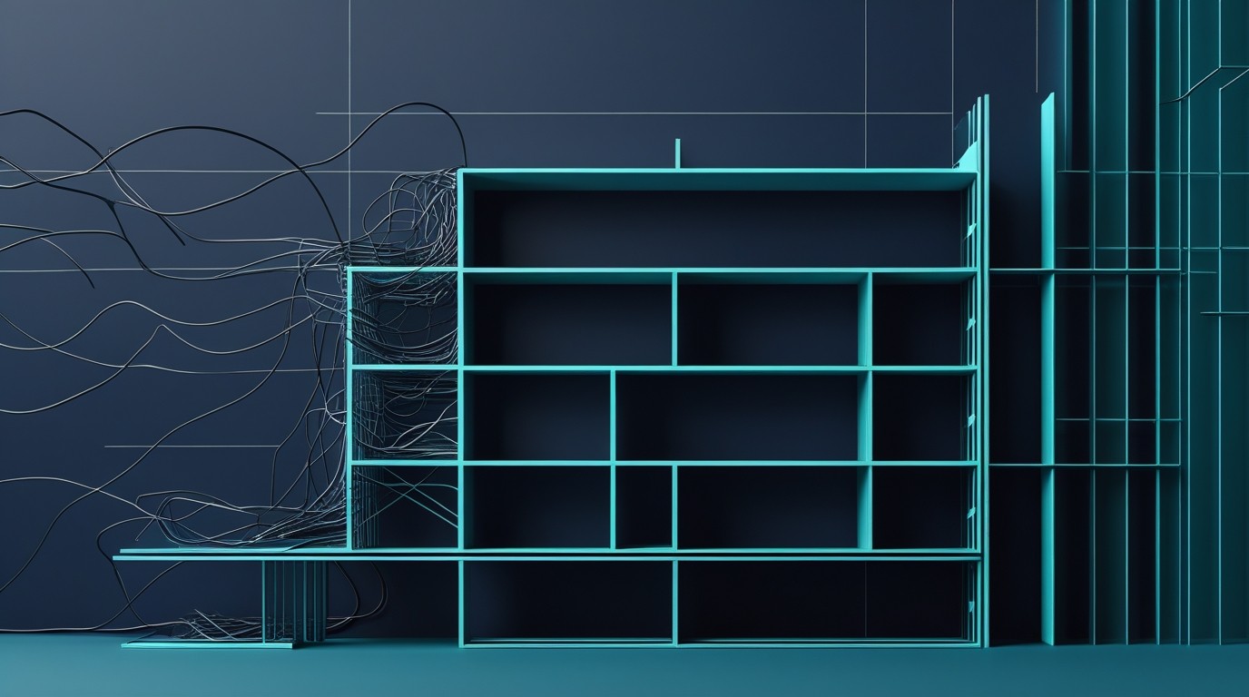 , clean geometric lines forming a building cross-section with tangled wiring on the left side transitioning to clean structural beams on the right