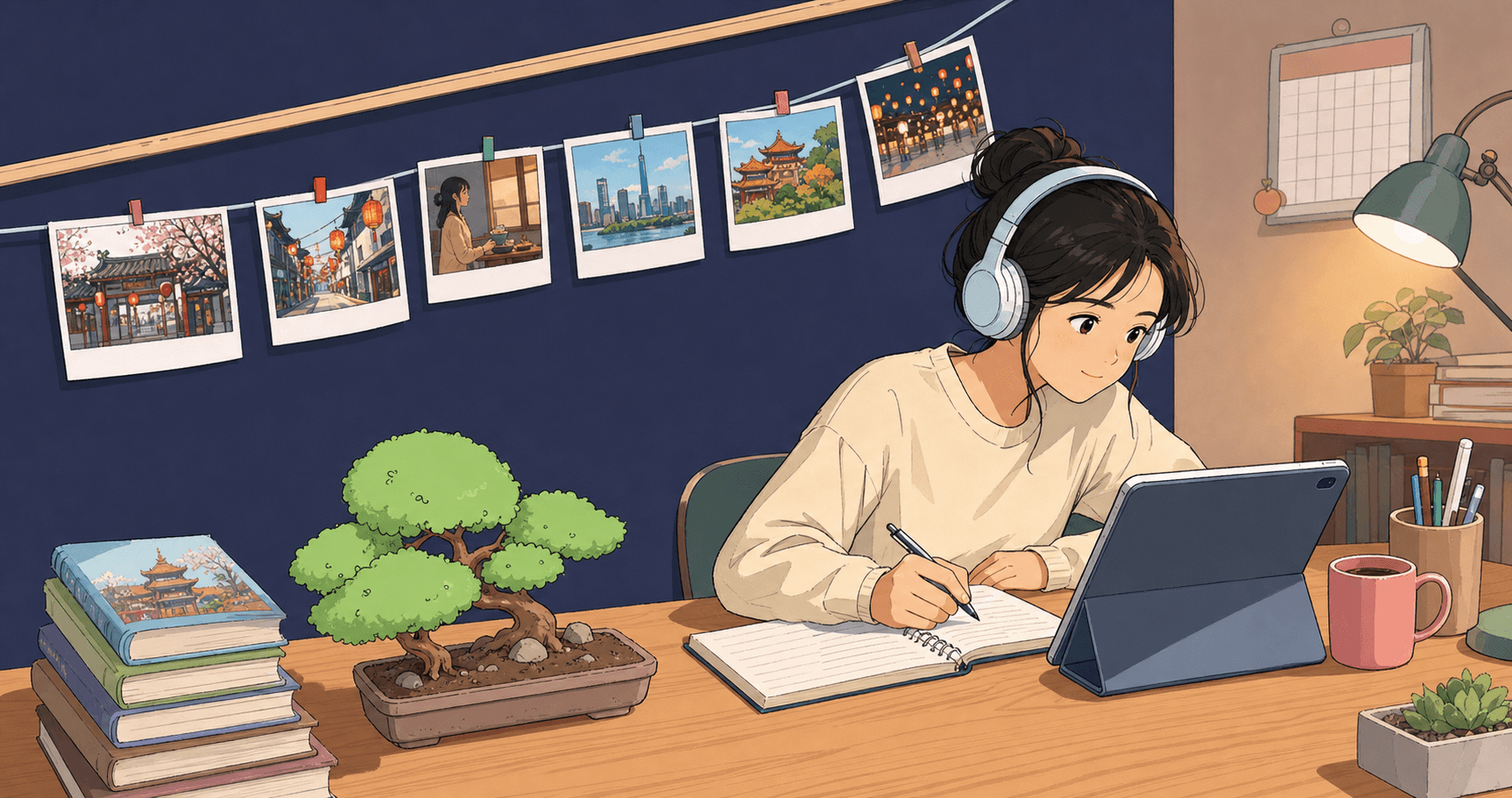 A clean, modern illustration showing a focused adult learner studying Mandarin Chinese at a desk with a laptop or tablet, wearing headphones for speaking practice. The scene should convey daily routine and commitment - perhaps a clock or calendar visible in the background suggesting regular practice. Warm, encouraging lighting. Minimalist style with a subtle gradient background. The person should appear engaged and confident, not stressed. No text, letters, or words visible anywhere in the image.