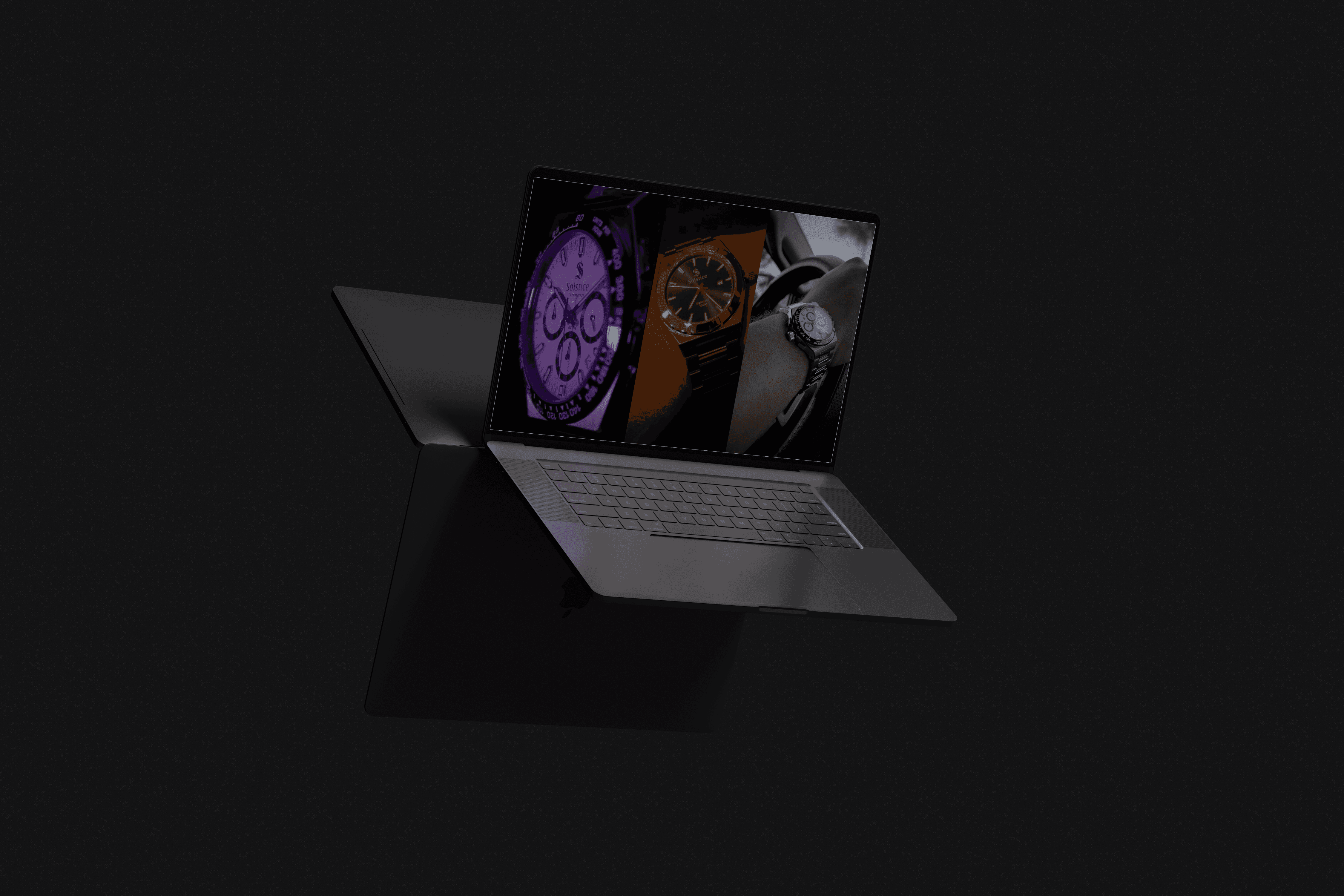 a floating laptop in a dark studio setting showcasing multiple photos of watches