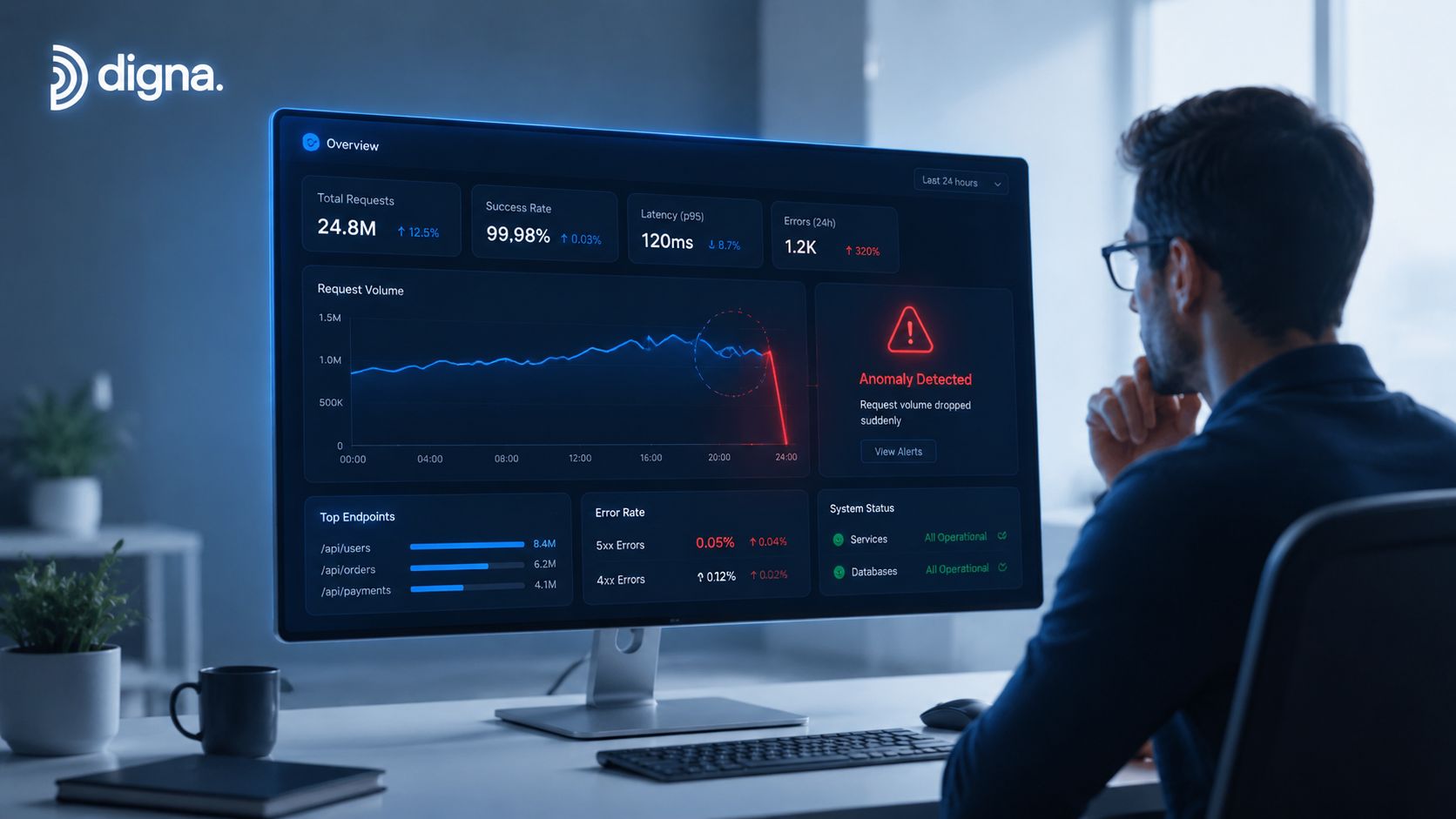 A professional monitoring an operational dashboard showing request volume, system status, and an anomaly detection alert.