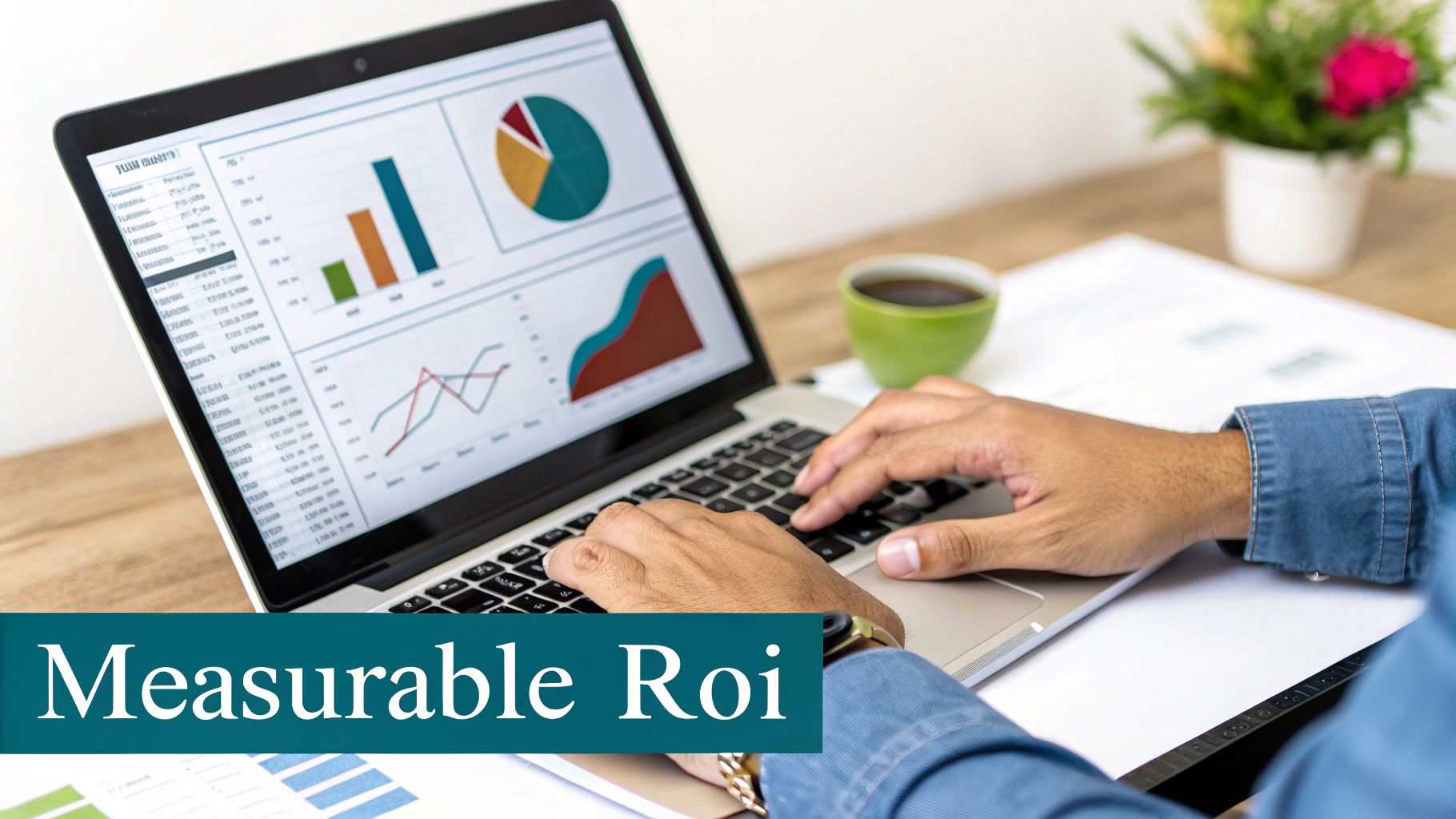 A person types on a laptop showing business charts and graphs, with coffee on the desk.