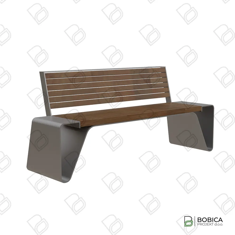 Moderna urbana klupa s naslonom, čeličnom bazom i drvenim letvicama – BOBICA PROJEKT