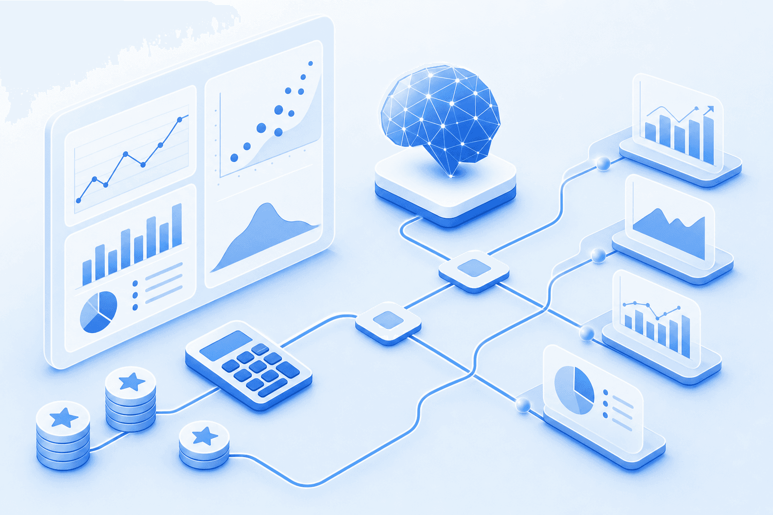 A clean, modern illustration showing AI-powered pricing analysis and scenario modeling for government contracting. Visual elements include abstract data visualizations, cost calculation flows, multiple scenario branches or pathways, analytical dashboards with graphs and charts, and interconnected nodes representing decision points. Use a professional blue and white color scheme with subtle gradients. The style should be minimalist, technical, and corporate-appropriate, similar to enterprise SaaS marketing visuals. No text, labels, or letters.