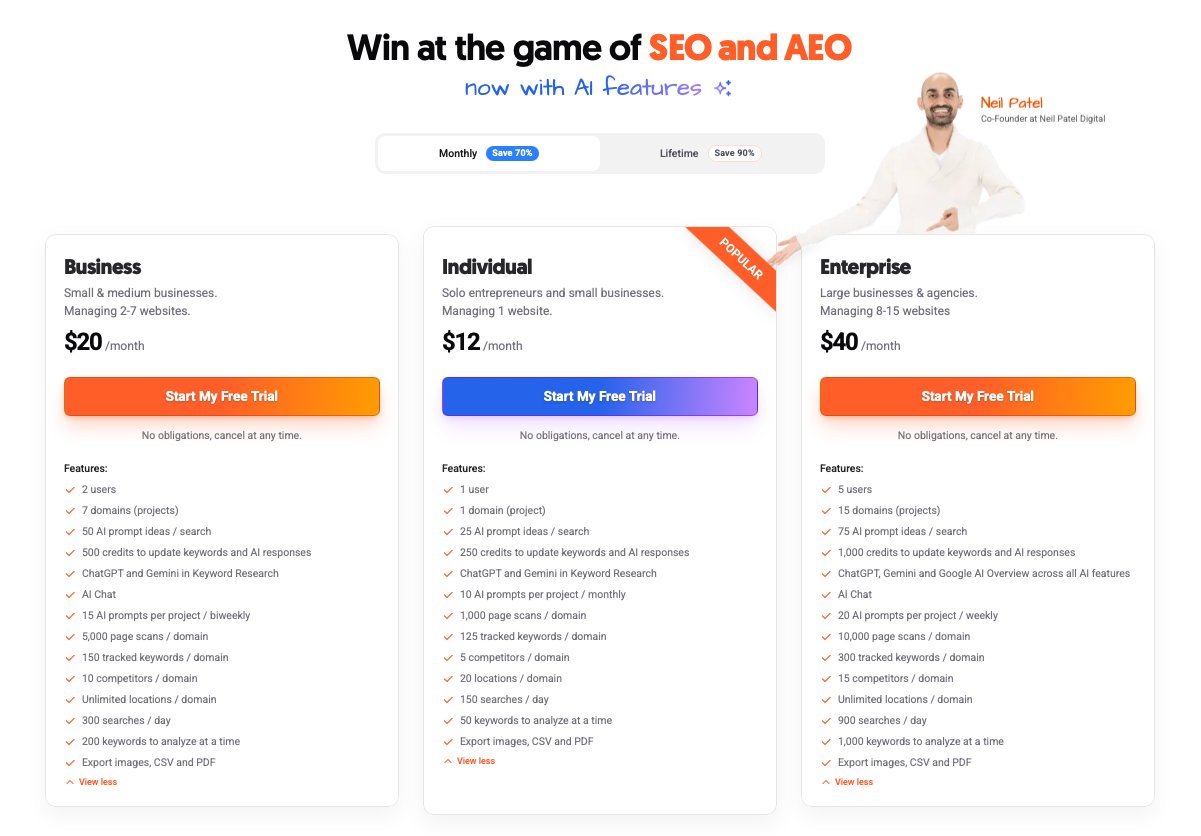 Three pricing plans for SEO software: Business, Individual (Popular), and Enterprise, featuring Neil Patel.