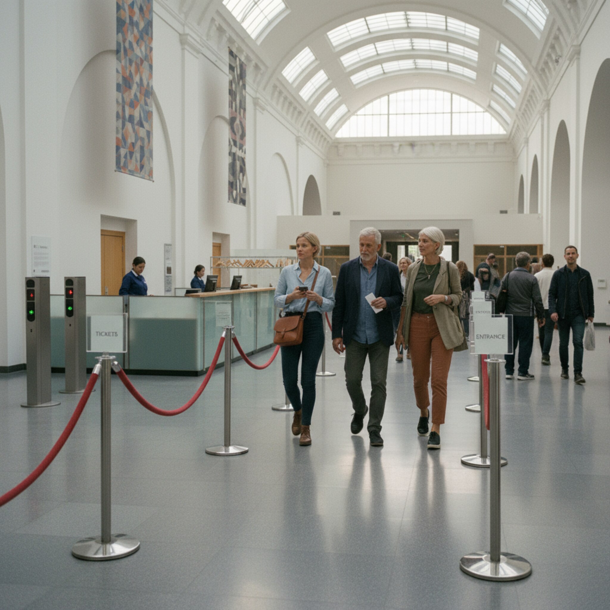Ein weiter Eingangsbereich mit klar geführten Besucherlinien durch Kordeln. Beschilderungen leiten dezent, das Licht reflektiert auf poliertem Steinboden. Gruppen passieren nacheinander, alles wirkt ruhig und fließend organisiert.