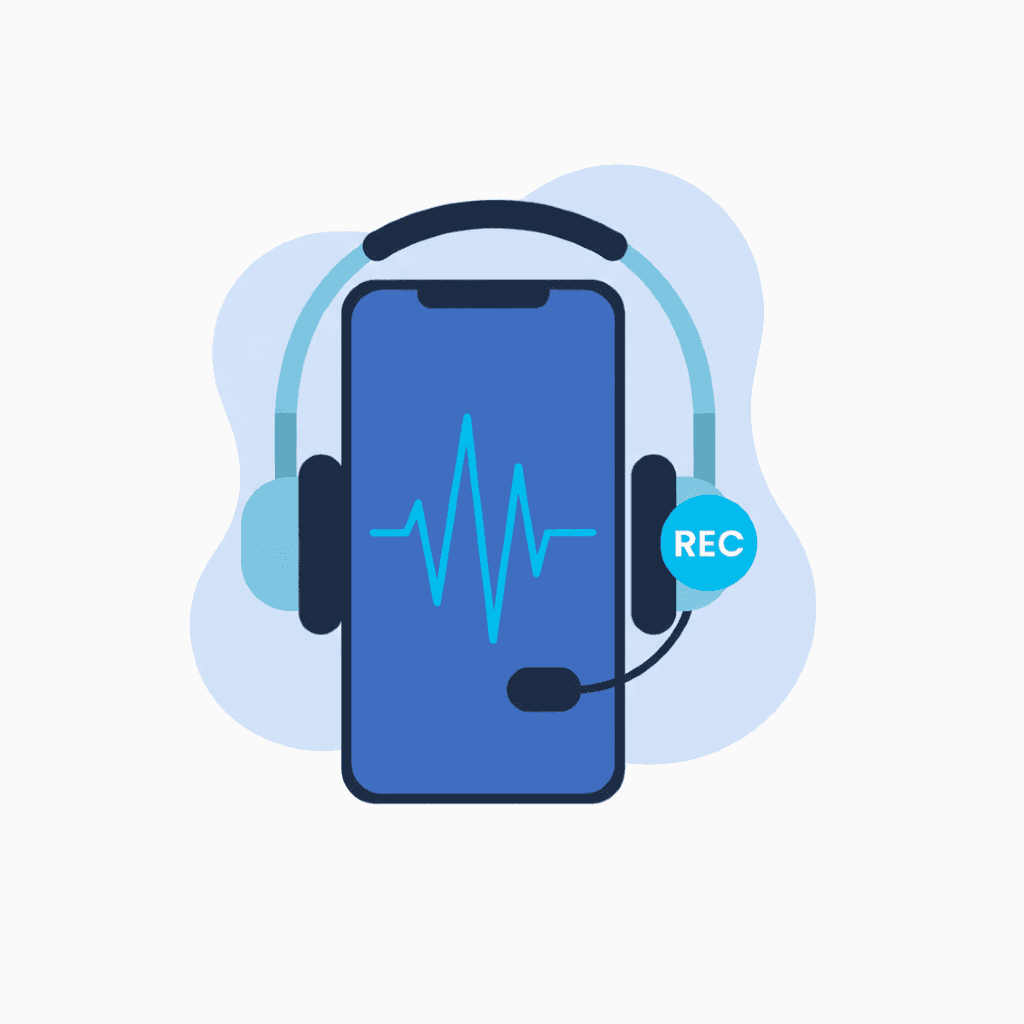 Headset with a phone and 'REC' icon representing the call recording feature.