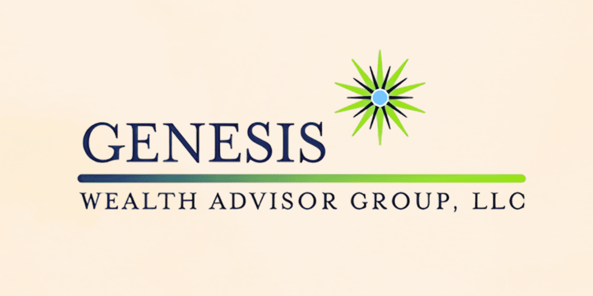 A logo for Genesis Wealth Advisor Group, LLC features bold text with "GENESIS" above a line, accented by a starburst design in blue and green tones.