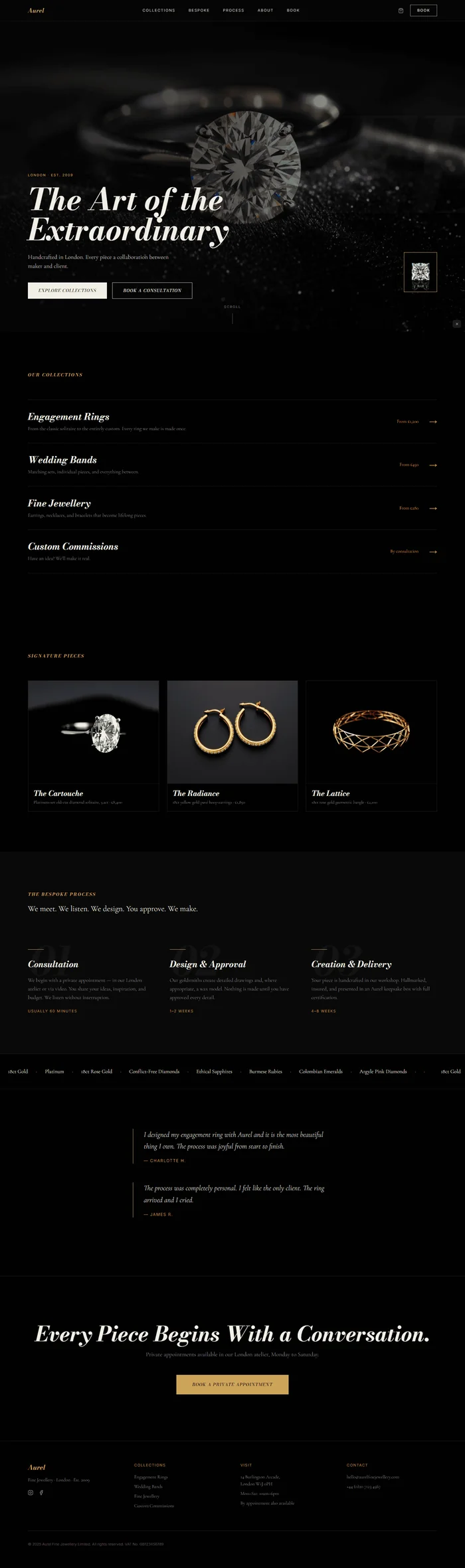 Full preview of a luxury jewellery website with a pure black background and metallic gold accents. Bodoni Moda italic headlines, a floating gemstone detail card, and a continuous materials marquee give the site a silent, editorial feel.