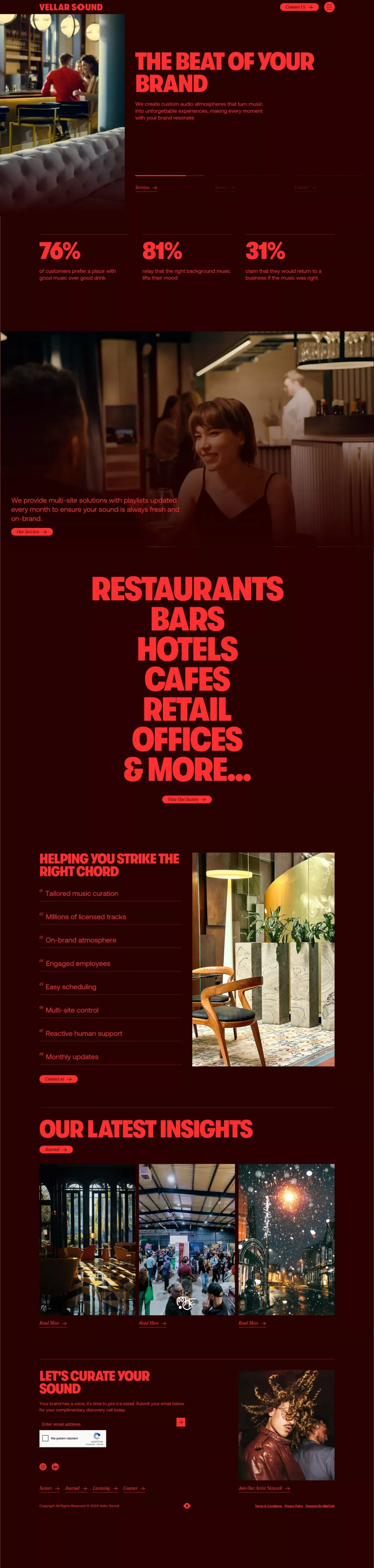 Vellar Sound landing page screenshot showcasing Music design