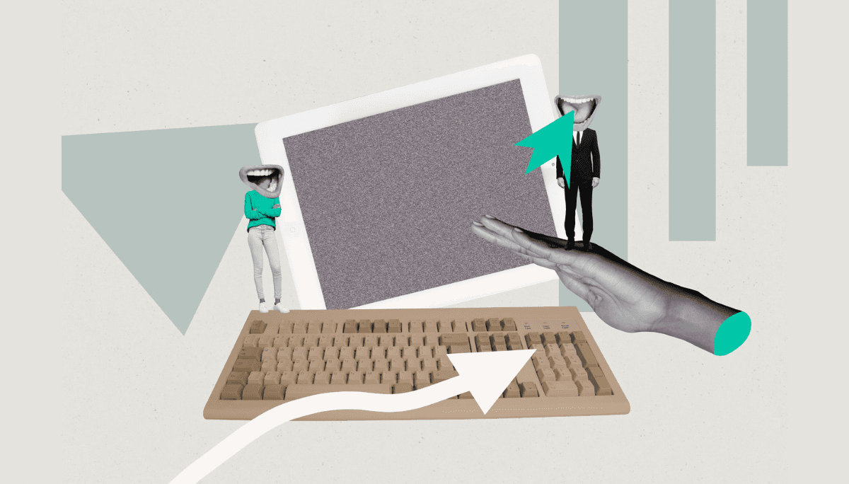 Stylized composition with keyboard, arrows, and figures, depicting teamwork in code collaboration tools.