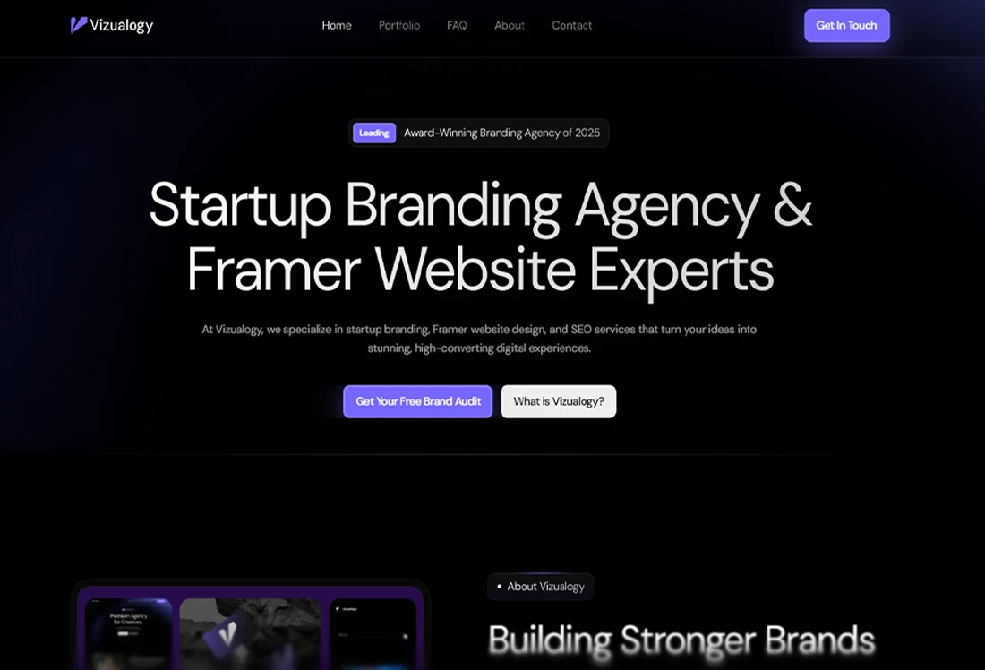 Website homepage for Vizualogy, a startup branding agency, with the headline "Startup Branding Agency & Framer Website Experts."
