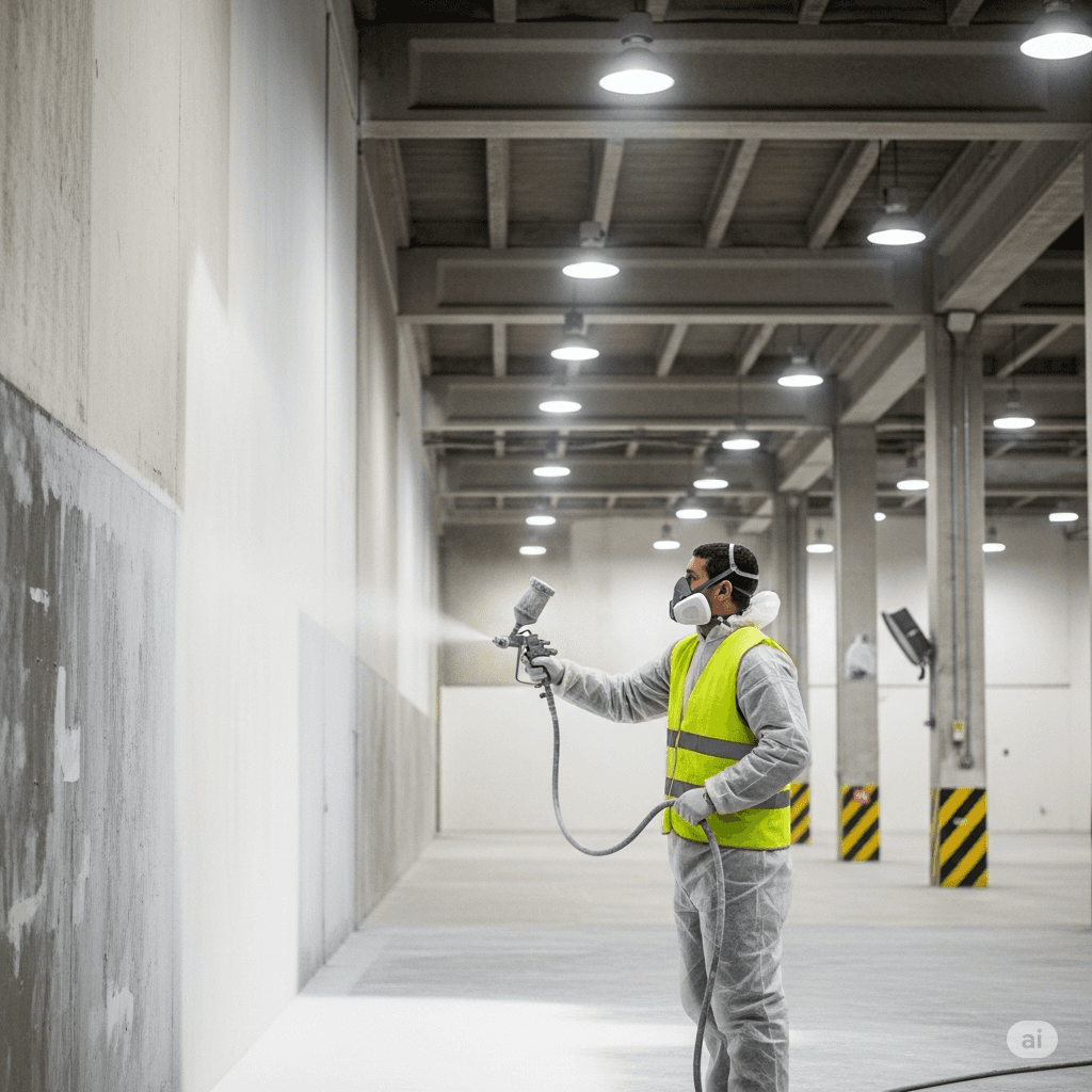 Spray painting the inside walls of an industrial building