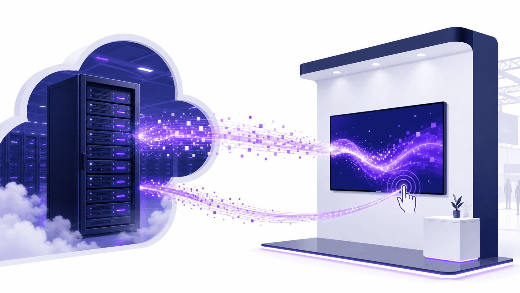 Diagram of pixel streaming sending rendered visuals from a cloud server to a screen at an event booth