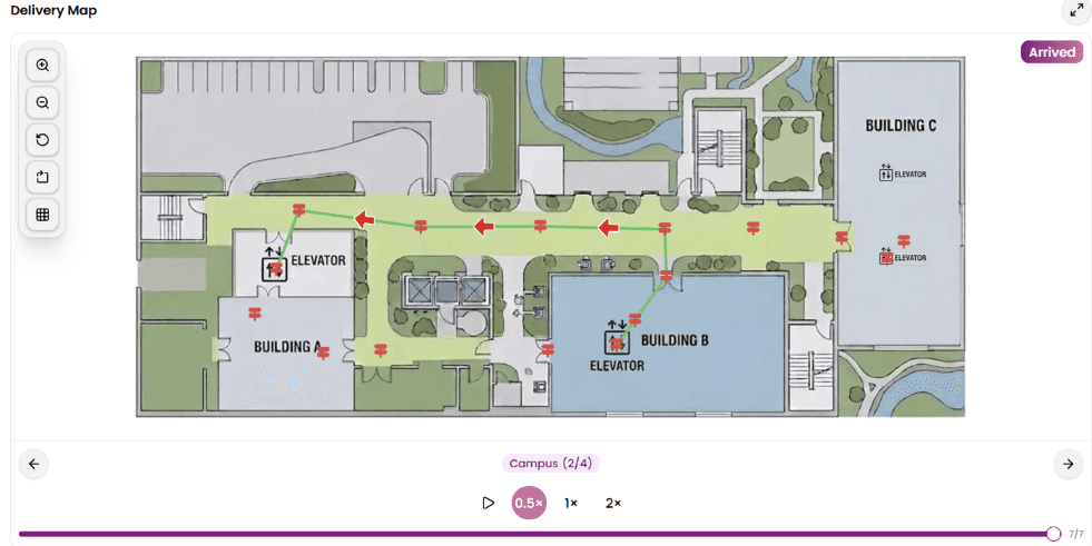 Quailo delivery map showing a robot route between campus buildings and elevators