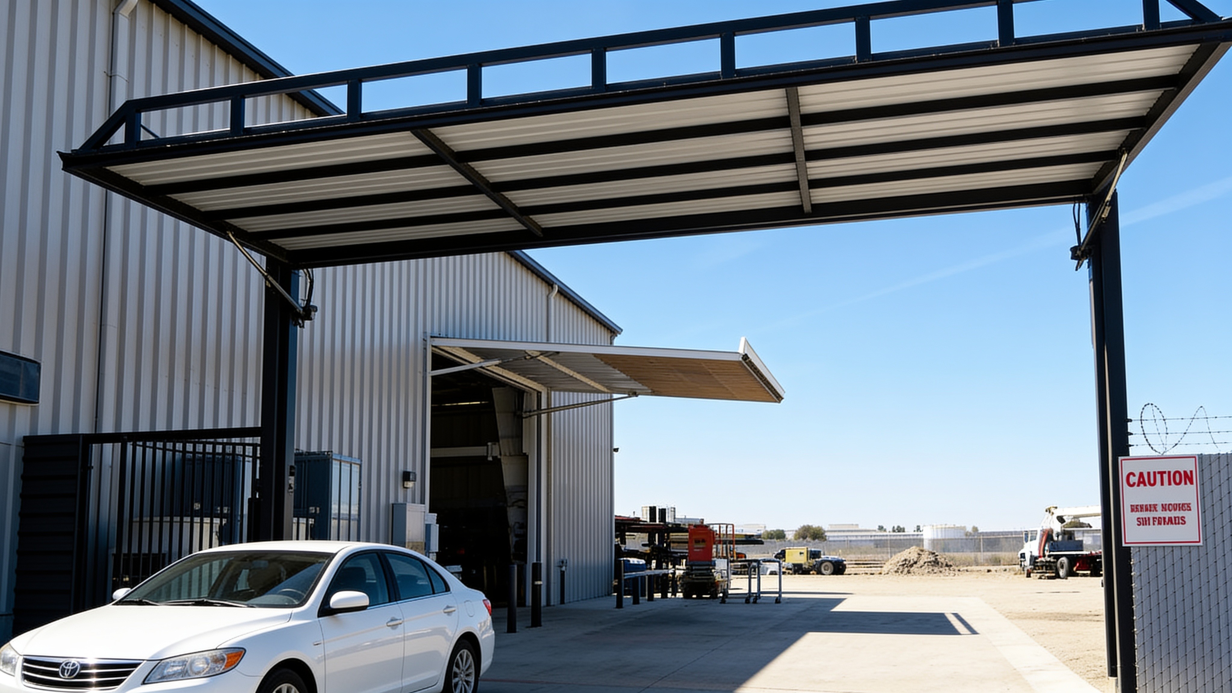 Hydraulic commercial door mid-lift on a construction headquarters