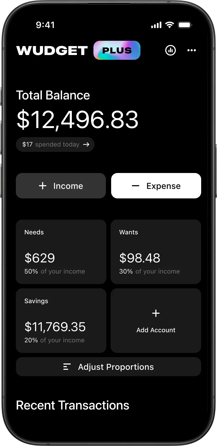 Main dashboard screen of the Wudget personal finance app showing balance overview, accounts, and quick financial actions.