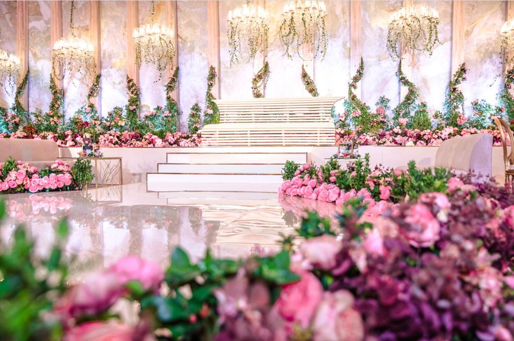 image of luxury pinkish and green flowers stage decor event
