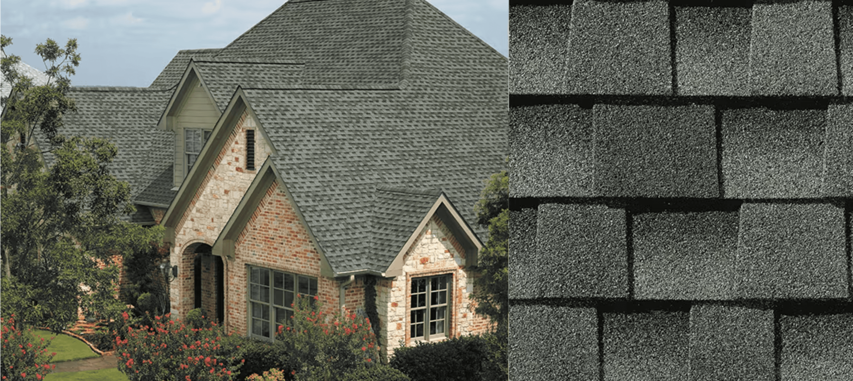 Combined beauty shot and swatch for GAF Timberline HDZ Slate shingles.