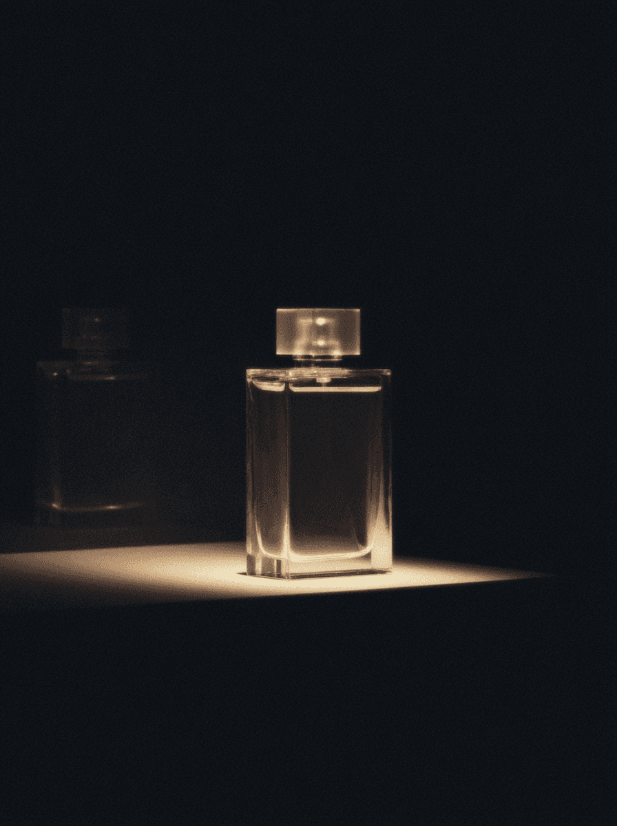 Glass perfume bottle illuminated by a spotlight on a dark surface.