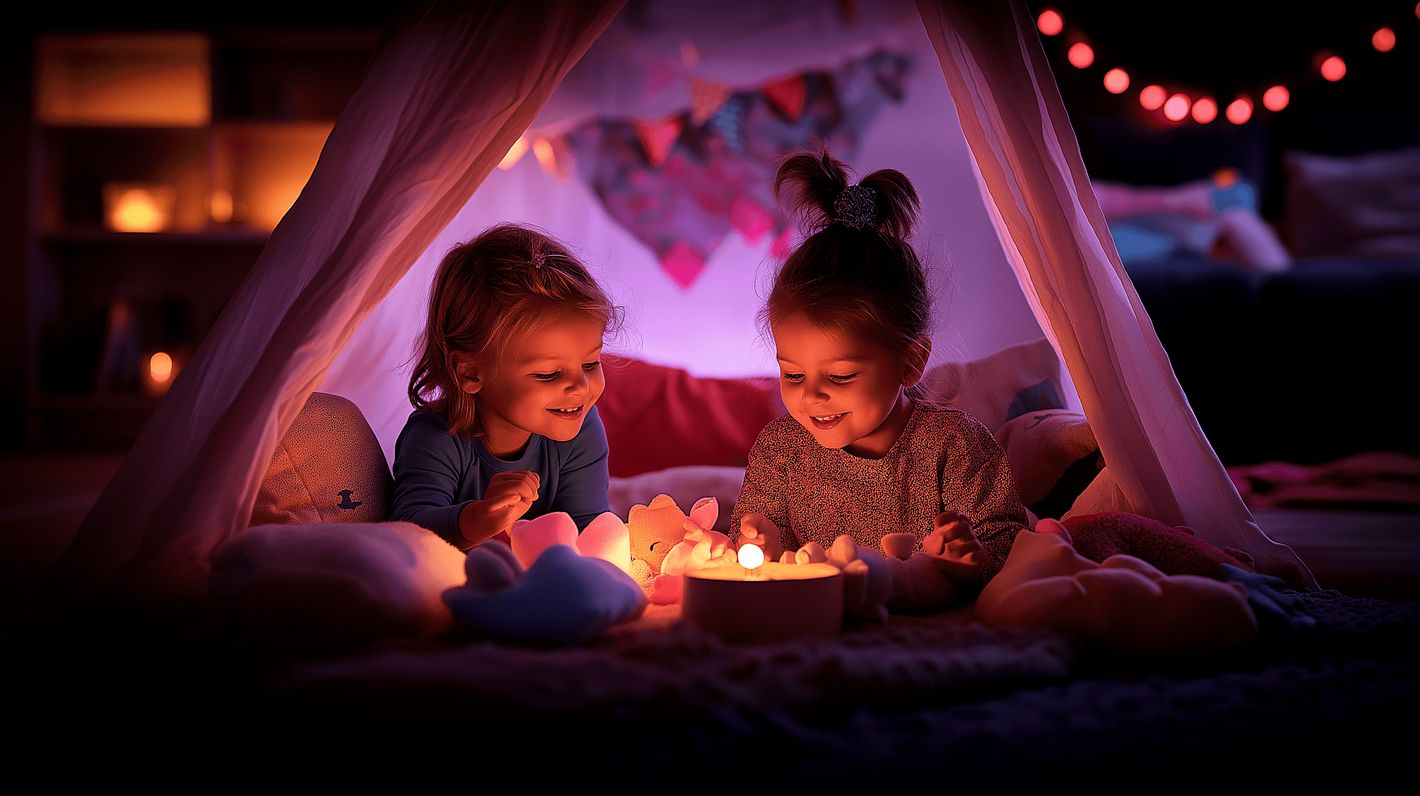  two children building an imaginative fort out of blankets and cushions, and a nanny encouraging them to pretend they are explorers.