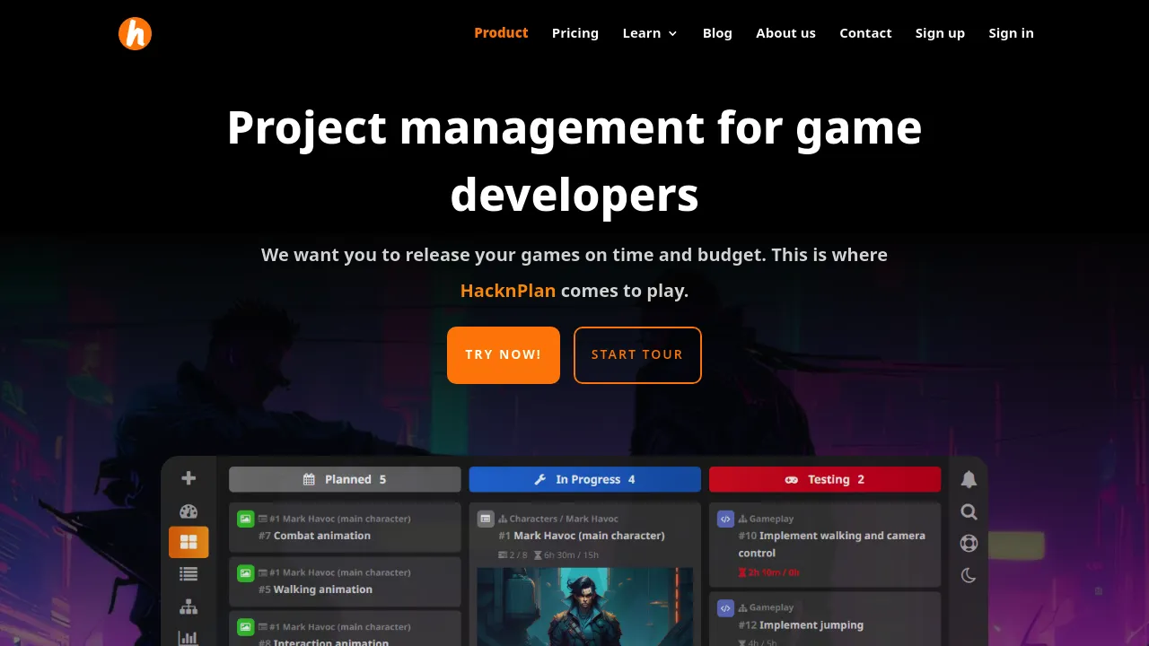 Screenshot of the HacknPlan website showcasing game development project management features