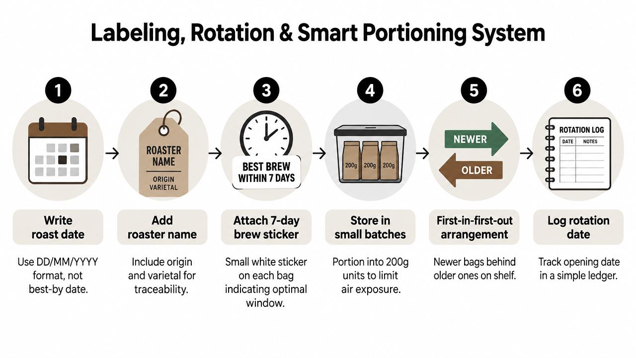 A six-step infographic illustrating a system for labeling, rotating, and portioning fresh coffee beans.