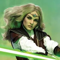 Jedi Master Avar Kriss with blonde hair and a jeweled diadem holding a green lightsaber