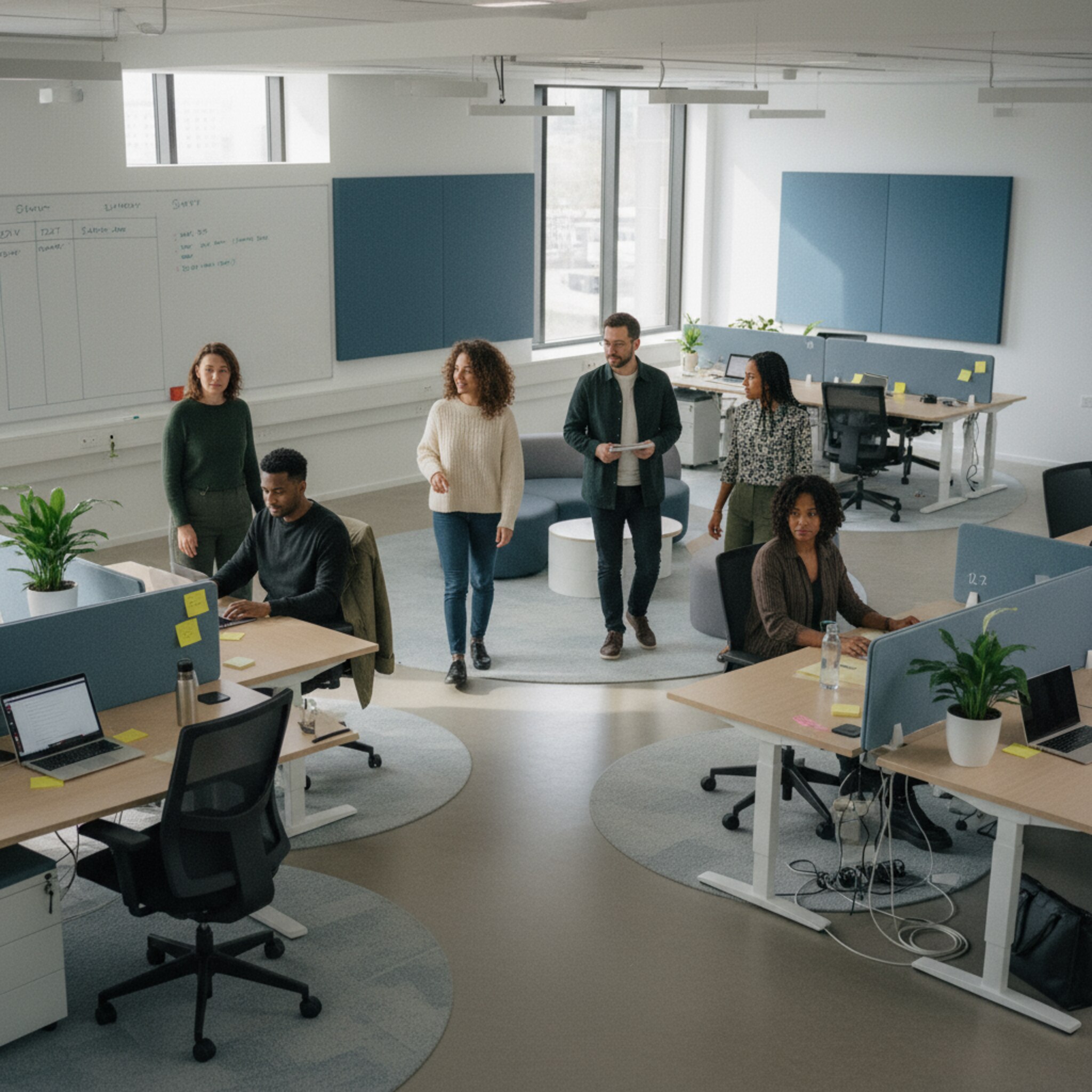 Eine offene Projektzone mit klar markierten Bereichen, leisen Teppichinseln und nummerierten Arbeitsplätzen. Ein Team kommt an, legt Mäntel auf Stuhllehnen und verteilt sich wortlos auf freie Plätze. Weiches Morgenlicht fällt auf die Fläche. Alles wirkt flexibel, geordnet und bereit für konzentrierte Sprints.