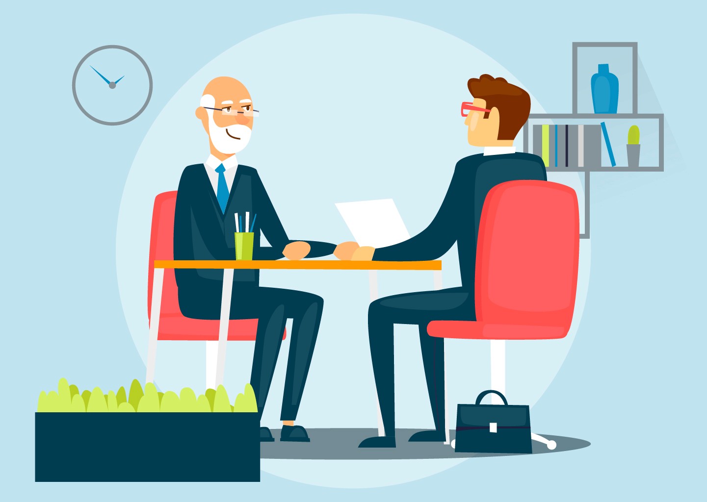 Illustrazione di un incontro tra un manager e un dipendente vicino alla pensione, che discutono un accordo di uscita anticipata dal lavoro