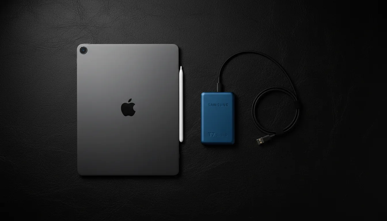 High-end DSLR product photography, top-down flat lay. A Space Gray Apple iPad Pro and a blue Samsung portable SSD are arranged on a dark, textured black background. A black USB-C cable connects the two devices. A white Apple Pencil is magnetically attached to the side of the iPad. The lighting is dramatic and cinematic with soft contrast, highlighting the matte aluminum texture of the iPad and the smooth finish of the SSD. Minimalist, clean composition, sharp focus.