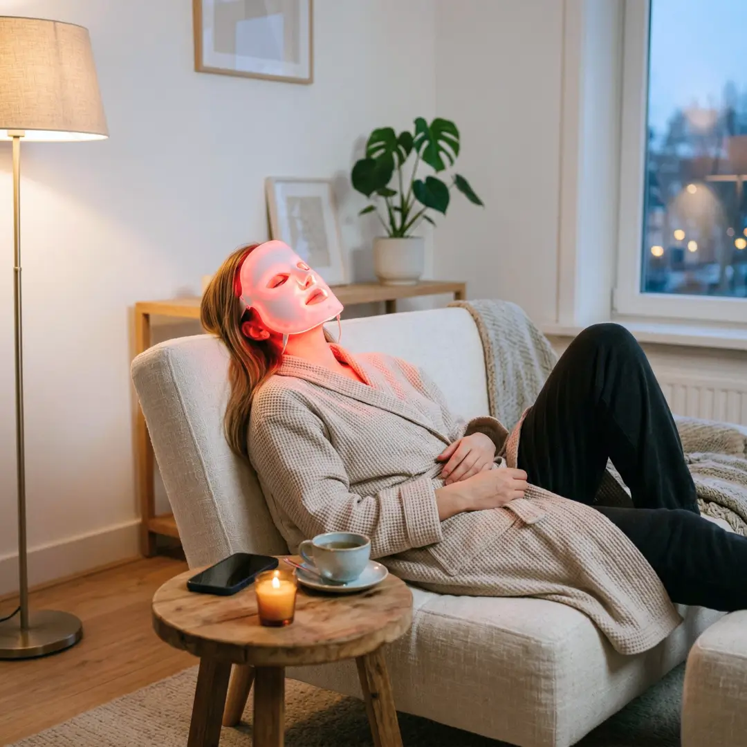 A woman relaxes on a lounge chair wearing a red light therapy mask, illustrating an app feature that emphasizes the financial benefits of active price tracking for high-ticket items where even small percentage drops result in significant savings.