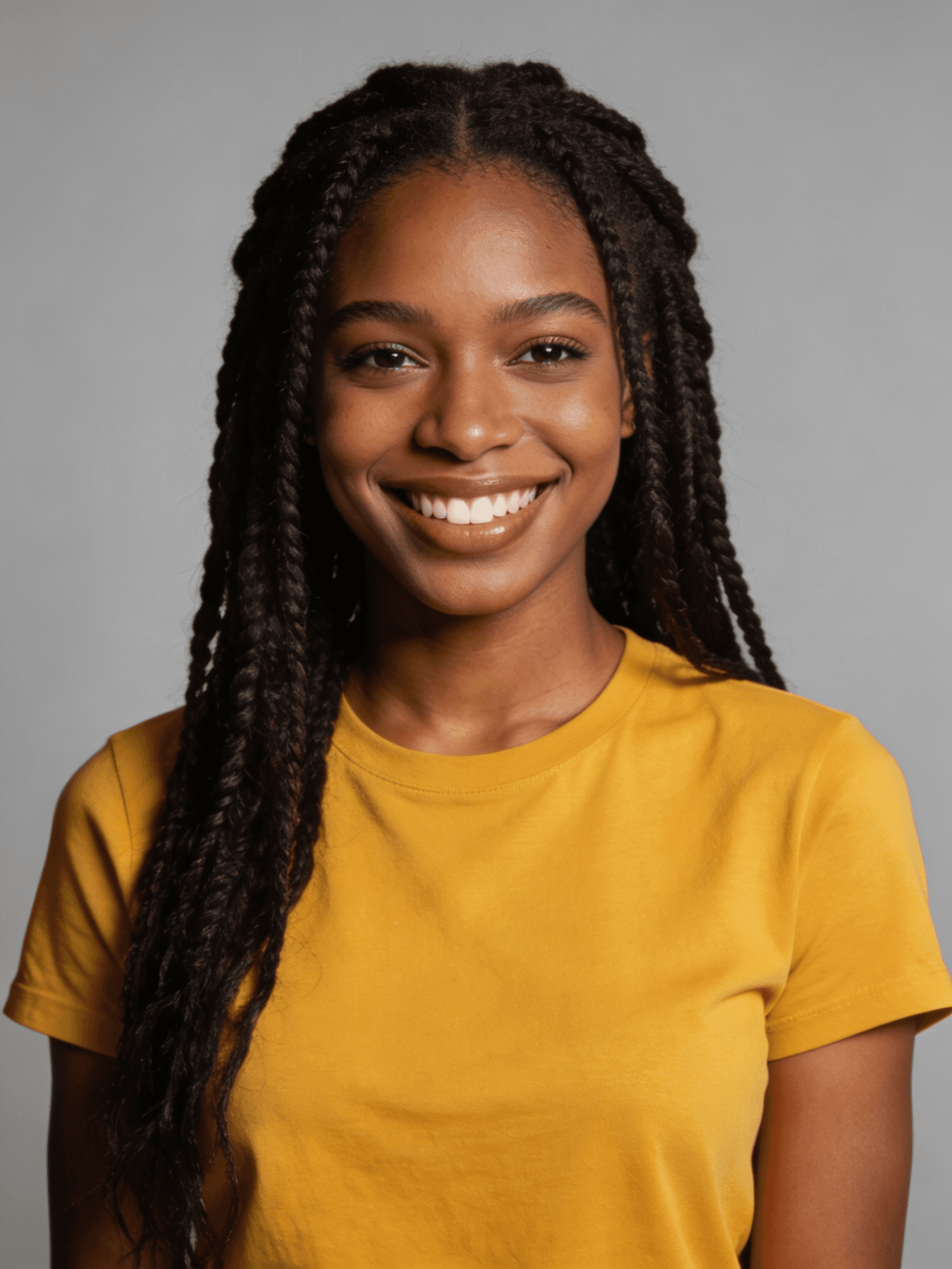 A smiling woman with long, braided hair wearing a yellow shirt, posed against a gray background.