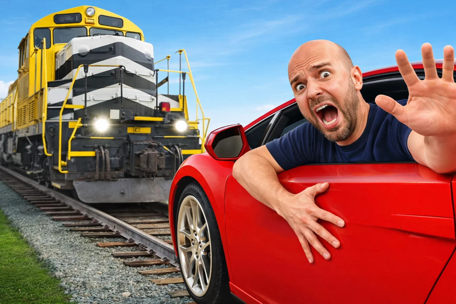 Man stuck in red car as train approaches railroad tracks