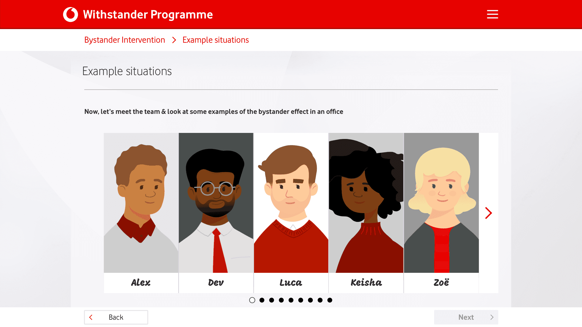 5 profiles of illustrated characters - Alex, Dev, Luca, Keisha and Zoë. The characters feature in workplace scenarios on topics of allyship in the workplace looking at the impact of microaggressions and workplace behaviours.
