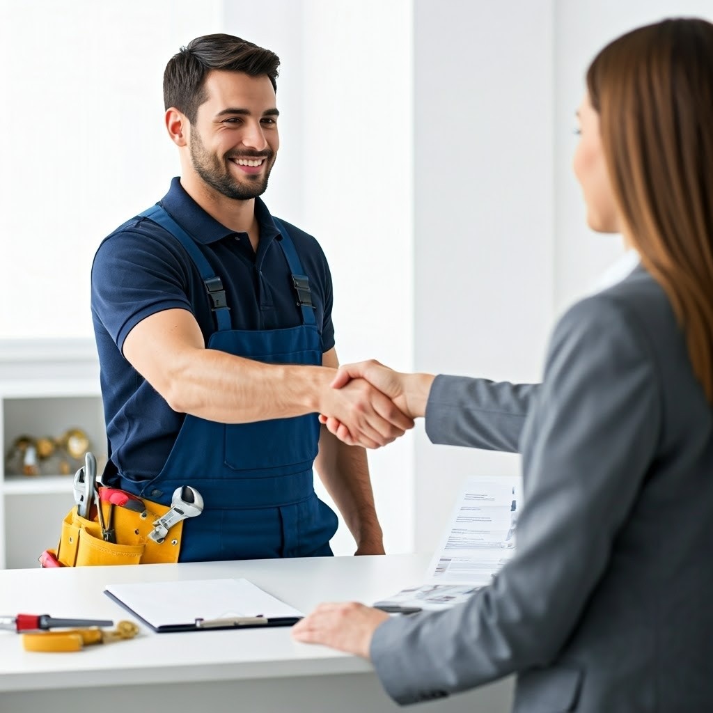A professional (like a plumber) referring a client, or showing a handshake between and a referral partne