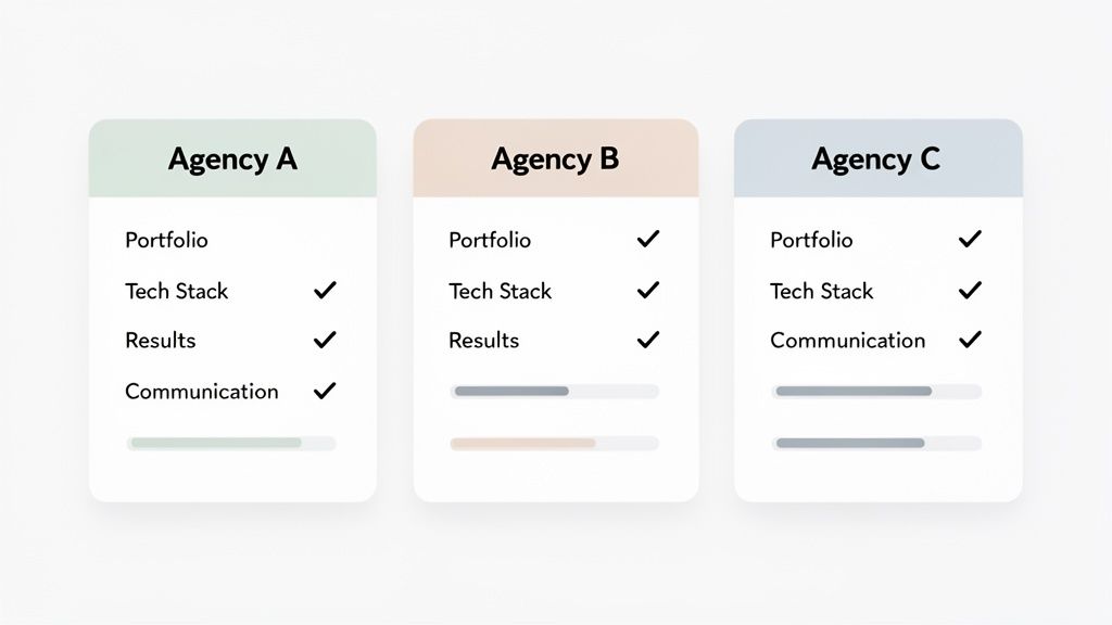 Three comparison cards displaying features for Agency A, B, and C, with checkmarks and progress bars.