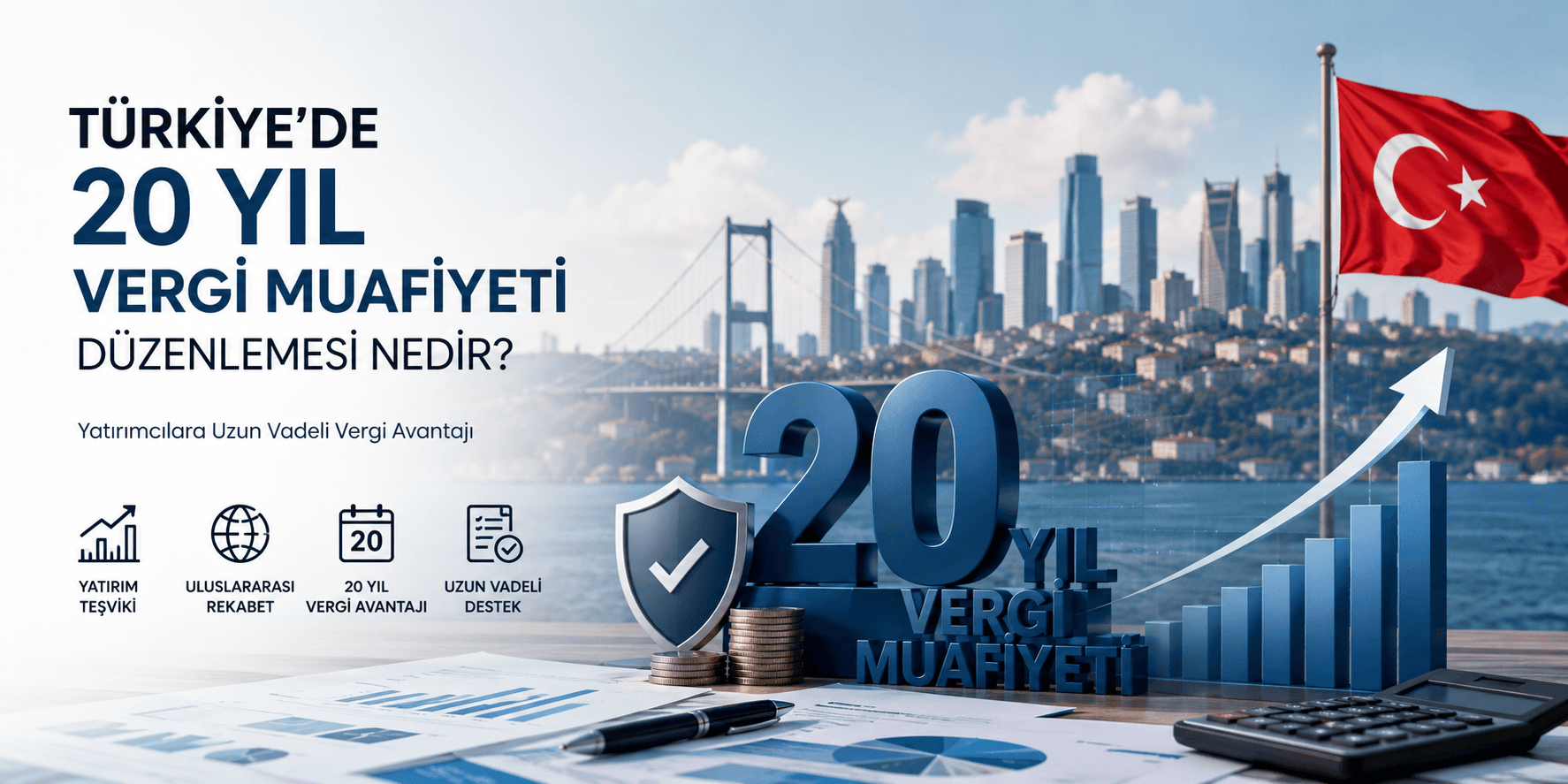 Türkiye’de 20 yıl vergi muafiyeti düzenlemesini anlatan finans ve yatırım görseli