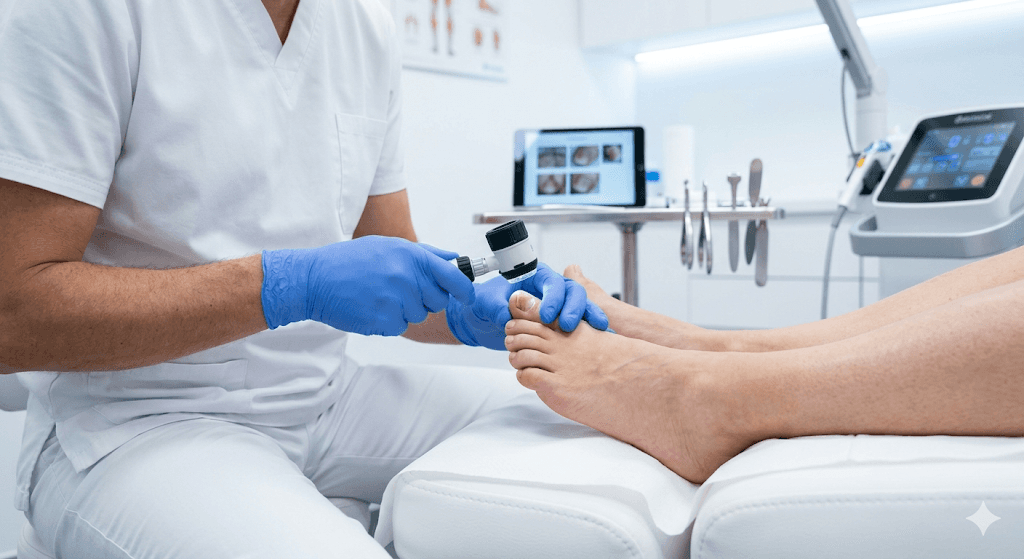 A clean, professional close-up of a patient's foot receiving a medical consultation. The lighting is bright and clinical, minimizing the unsightliness of the yellowed, thickened nail while focusing on the advanced medical environment. The setting conveys hygiene, premium care, and a definitive solution.