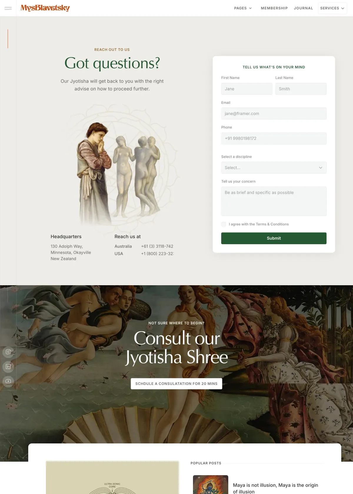 Screenshot of the MysBlavatsky Contact page