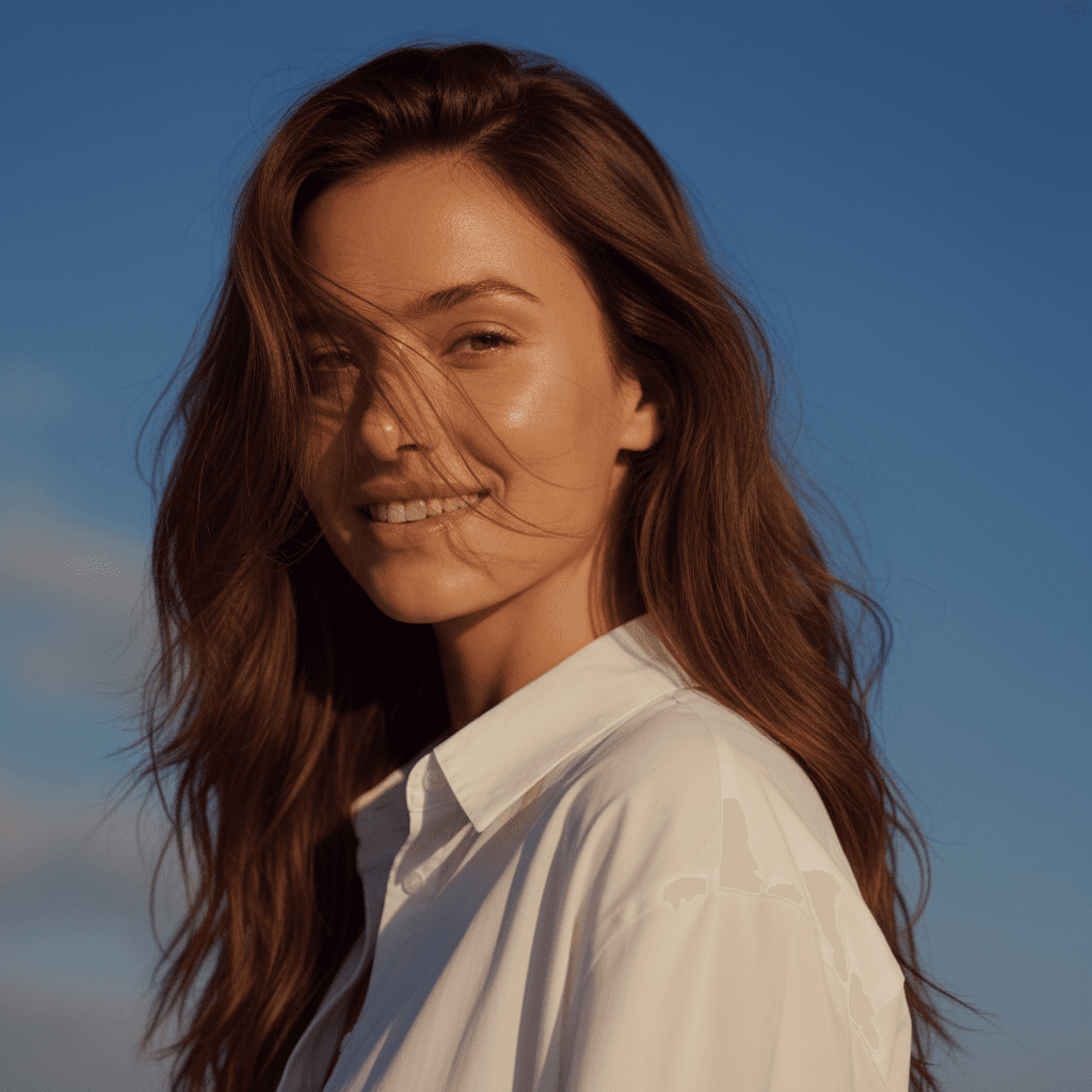 Woman with radiant skin smiling in sunlight