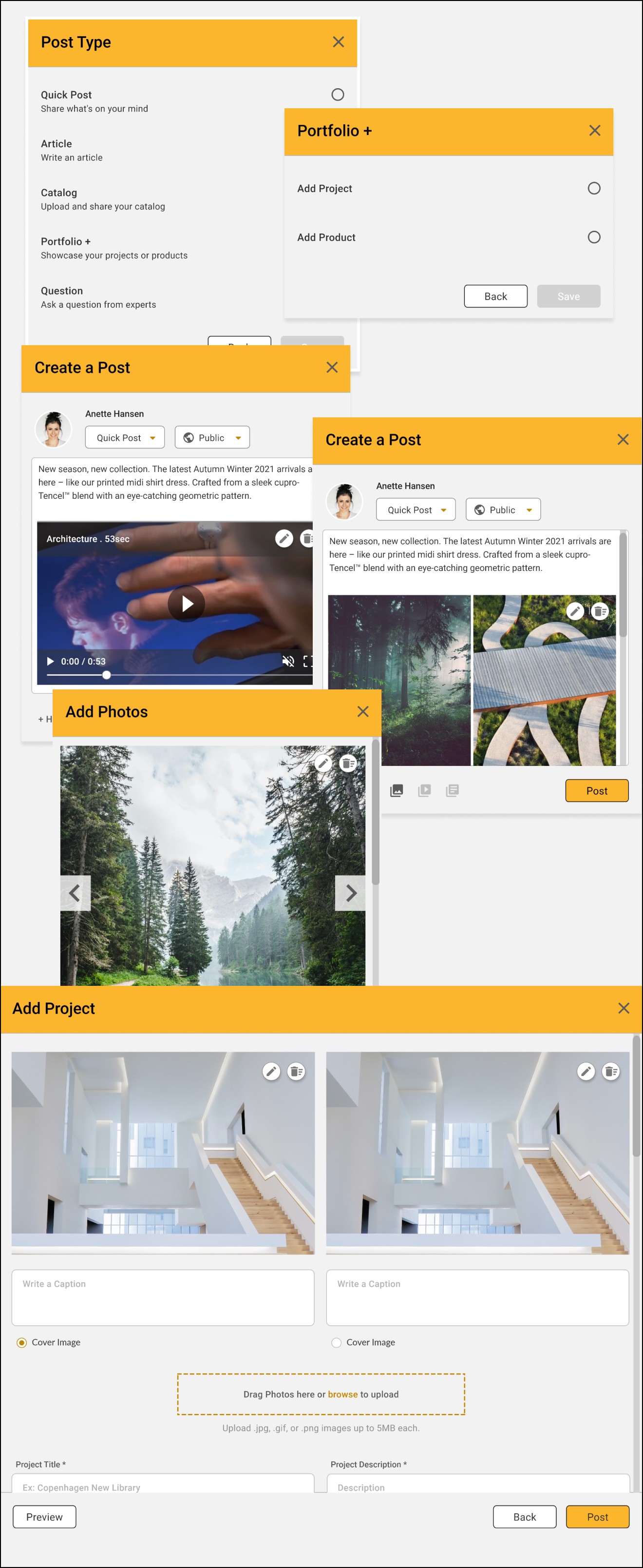 Birdflocks interface showcasing multiple pop-up modals, each demonstrating a different user capability—creating a post, attaching images, building a portfolio, and showcasing projects. The image highlights how Birdflocks’ platform empowers users to share content and complete their profiles seamlessly.